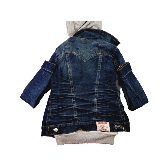 True Religion Jimmy Hooded Denim Jacket Distressed Built In Hoodie Unisex Sz XS - Picture 7 of 7